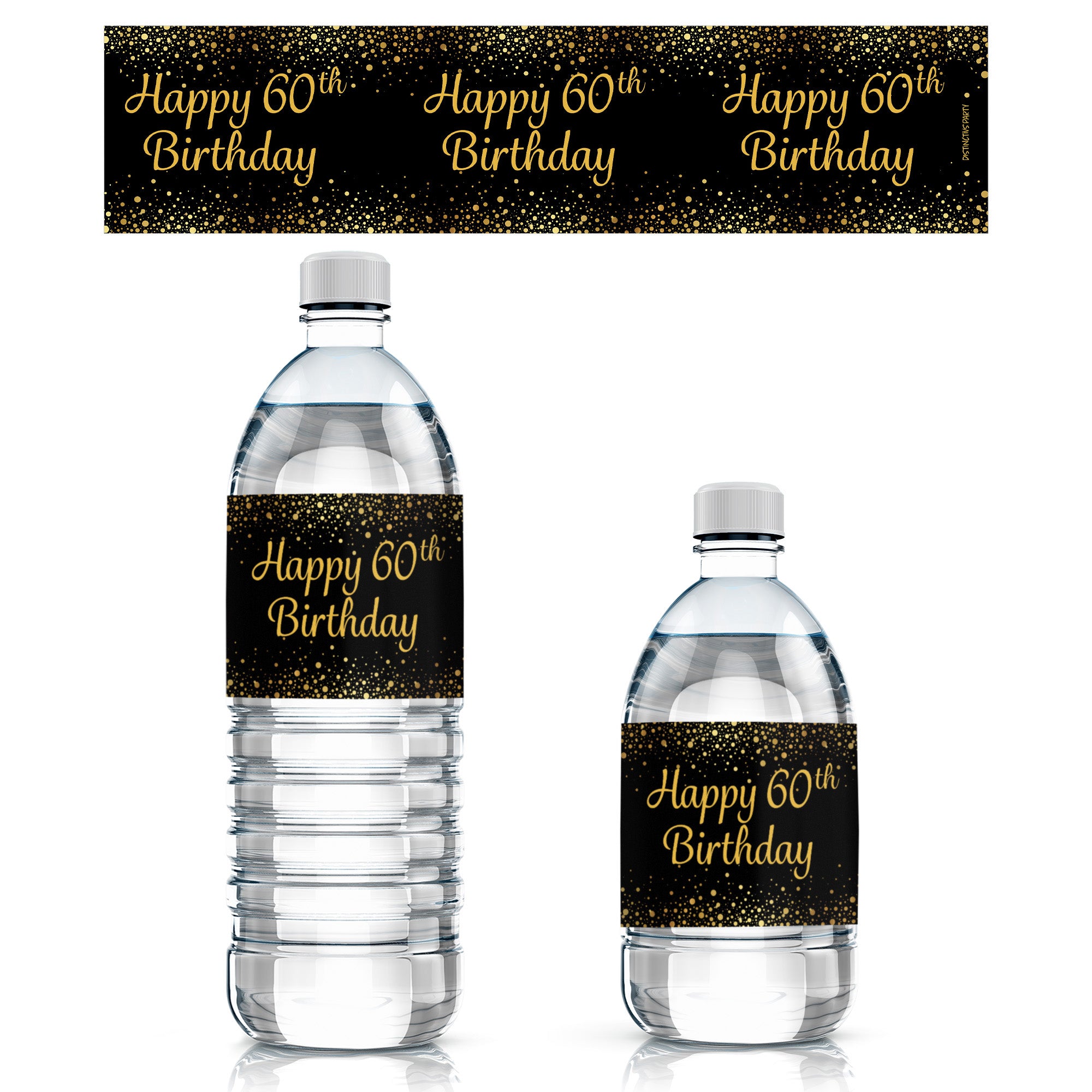 60th Birthday: Black & Gold - Water Bottle Labels - 24 Stickers